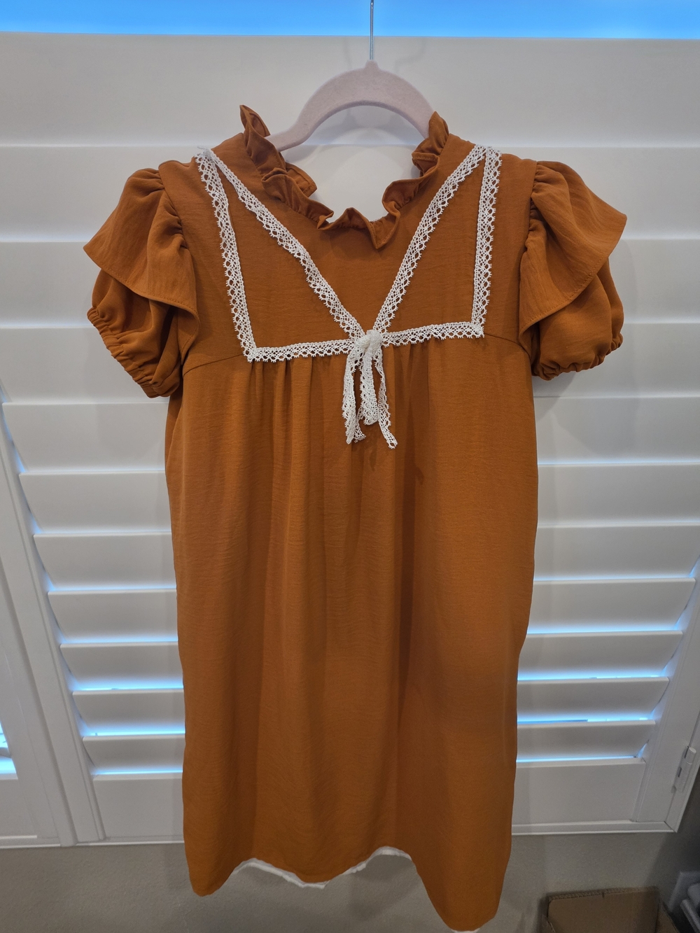 Girls' Rust Ruffle Dress with Lace-Trim